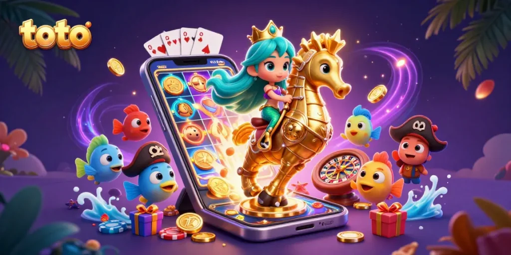 Ilustrasi 3D putri duyung dan kasino dengan logo 'toto', menampilkan keseruan bermain.