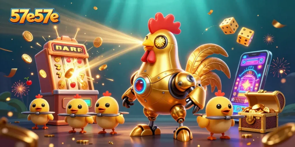 Ilustração 3D vibrante do robô galo dourado da 57e57e em um cenário de cassino emocionante.