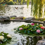 Pond Plants thriving in a peaceful garden pond with a gardener nurturing water lilies and lotus flowers.