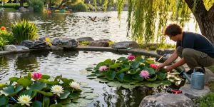Pond Plants thriving in a peaceful garden pond with a gardener nurturing water lilies and lotus flowers.