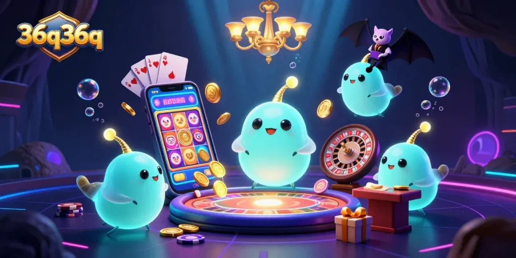 Engage with the 36q36q glowworm casino scene featuring a bat dealer and vibrant slot game action.