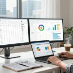 Fuelled SEO Australia office scene with SEO specialist analyzing data and strategies for effective online marketing.