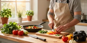 Preparing healthy meals in a vibrant kitchen featuring fresh ingredients and culinary tools, emphasizing สล็อตเว็บตรง for nutritious cooking.