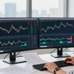 Trader using MetaTrader 4 software at a modern workstation, analyzing Forex charts.