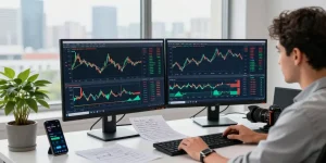 Trader using MetaTrader 4 software at a modern workstation, analyzing Forex charts.