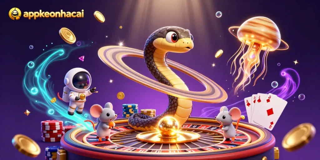 appkeonhacai showcases a thrilling cosmic casino scene with characters placing bets and winning big.
