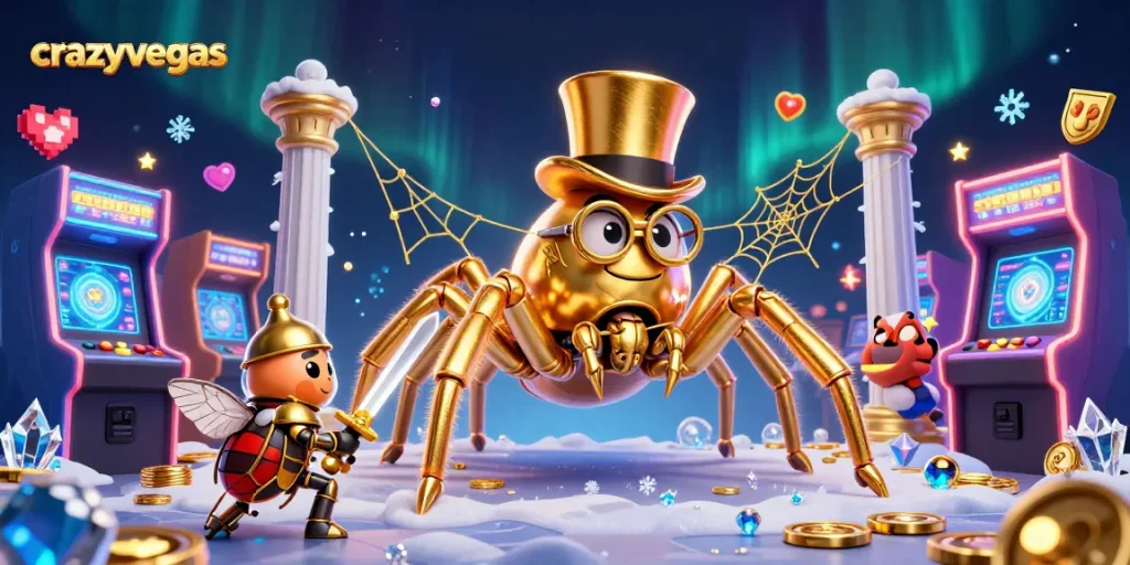Experience thrilling action at crazyvegas with a golden tarantula and beetle knight amidst a vibrant gaming arcade.