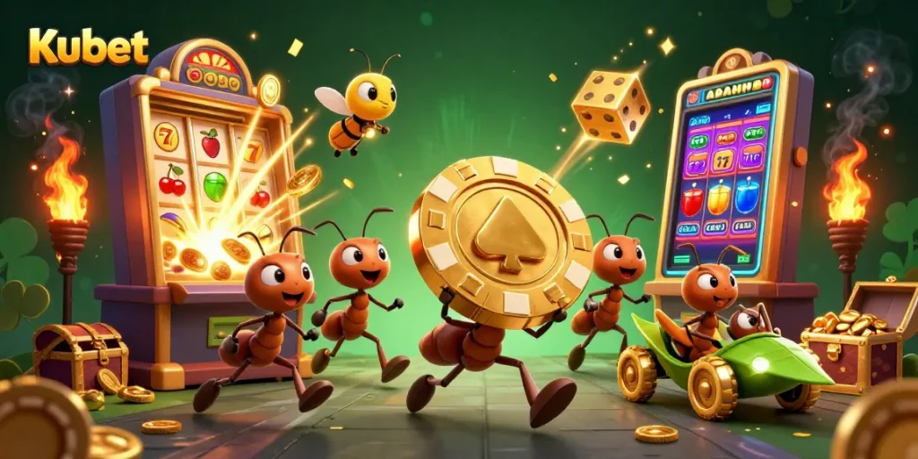 Kubet offers thrilling casino games with vibrant graphics and engaging action in this lively illustration.