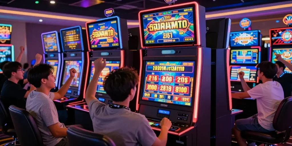 Excited player celebrating a big win on slot gacor with colorful digital displays and cheering crowd.